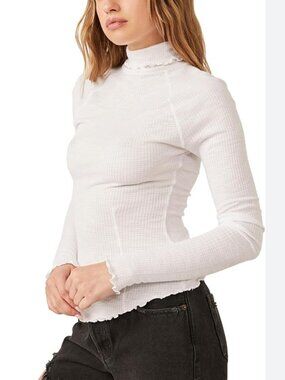 Free People Make It Easy Thermal white ruffled turtleneck size Small